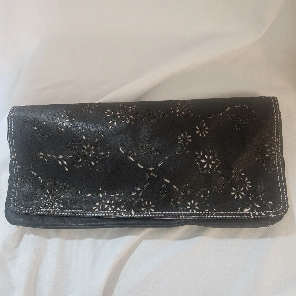 Sigrid Olsen Black Leather Floral Laser Cut Perforated Foldover Clutch Shoulder